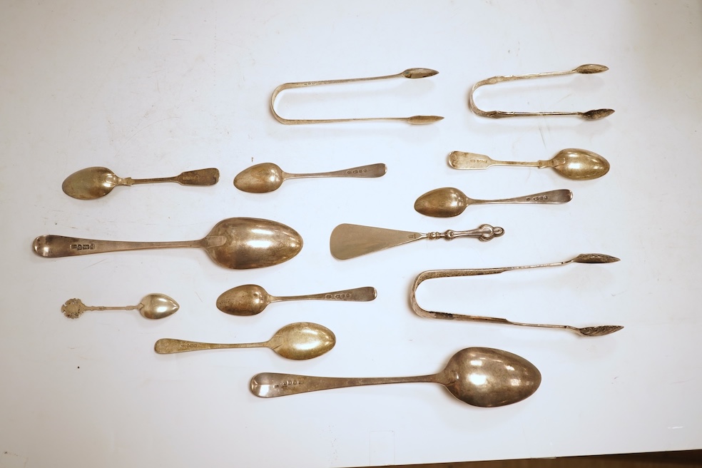 A small quantity of assorted 18th and later silver flatware, including two George III Old English pattern table spoons 11.6oz.